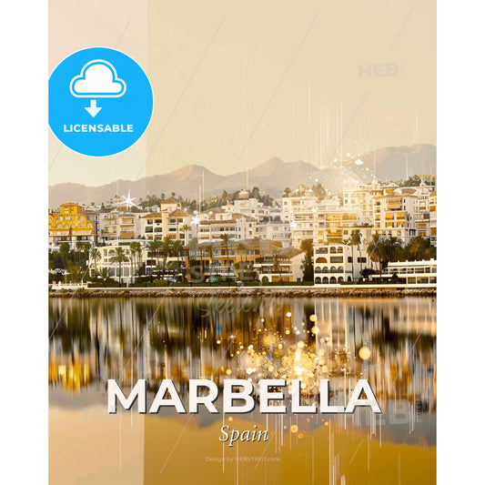 Marbella City Skyline Art Deco Poster - A body of water with buildings and mountains in the background - Square format print template