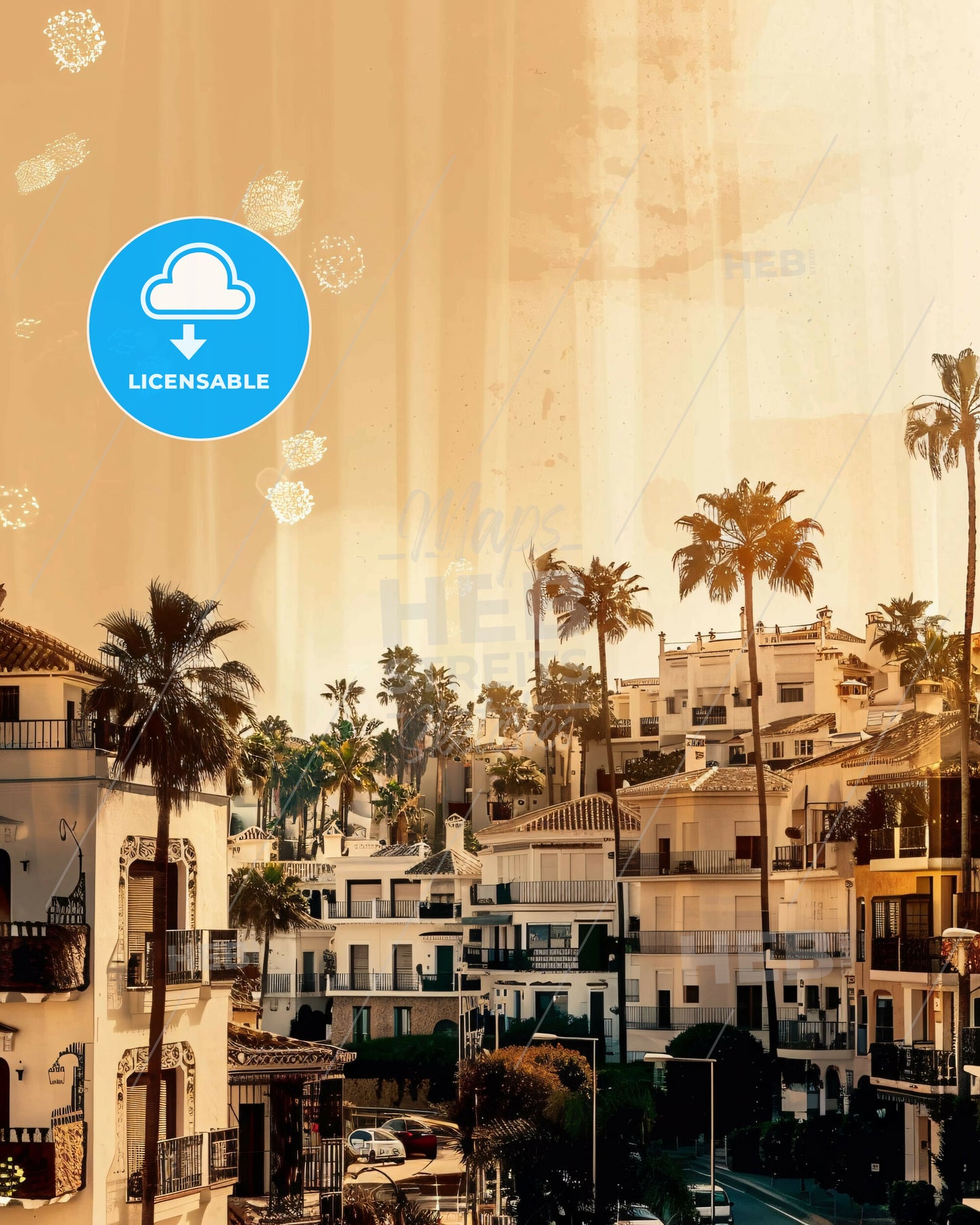 Marbella Skyline Dreamy Double Exposure Print - A group of buildings with palm trees