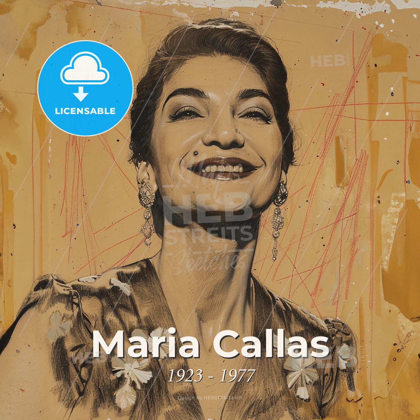Maria Callas, 1923 - 1977, Greek-American opera singer - A Drawing Of A Woman Smiling Print Template