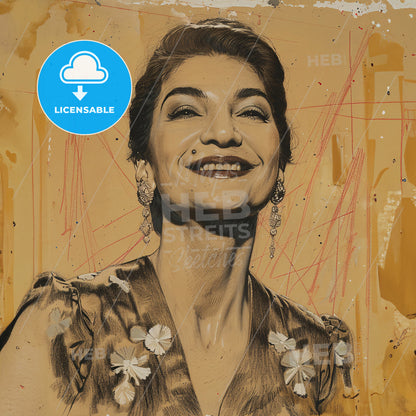 Maria Callas, 1923 - 1977, Greek-American opera singer - A Drawing Of A Woman Smiling