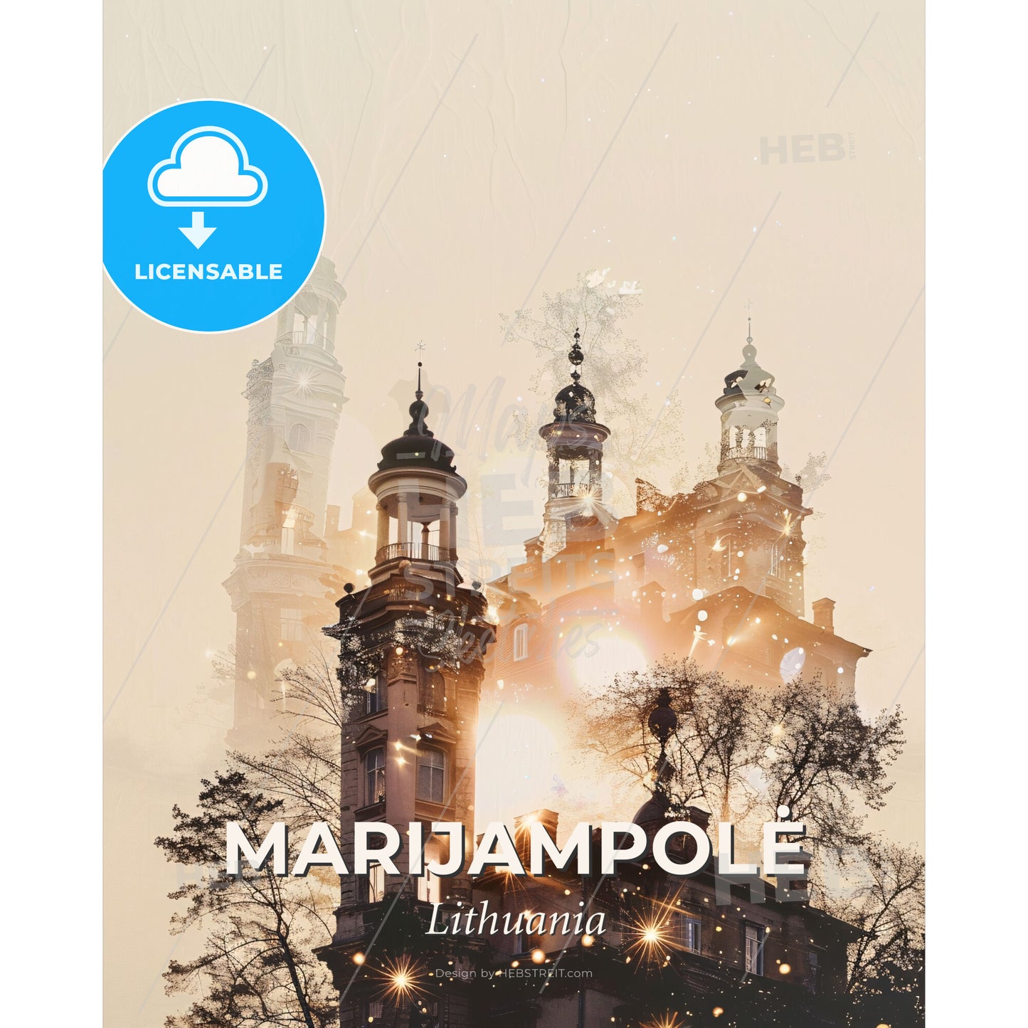 Marijampolė Dreamy Night Skyline Poster - A building with towers and lights - Square format print template