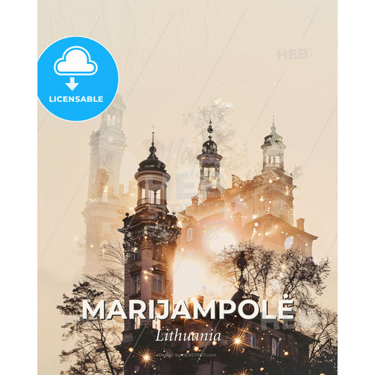 Marijampolė Dreamy Night Skyline Poster - A building with towers and lights - Square format print template