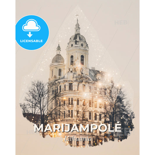 Marijampolė, Lithuania: City Icons Skyline Glow - A building with trees and lights - Square format print template