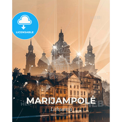 Marijampolė City Double Exposure Skyline Poster - A building with many towers and a light beam - Square format print template