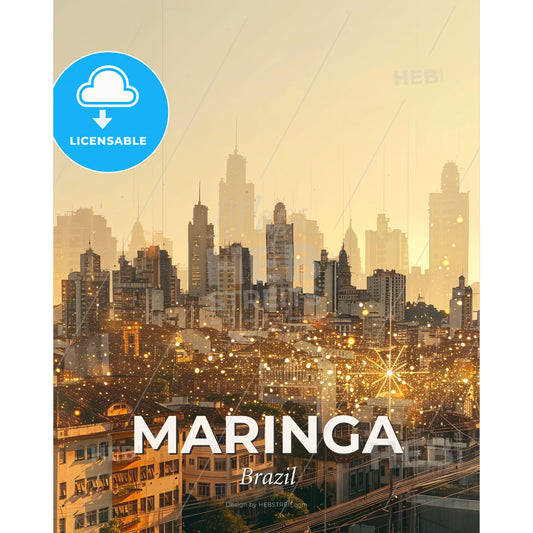 Maringa City Skyline Double Exposure Poster Art - A city with many buildings and a bridge - Square format print template