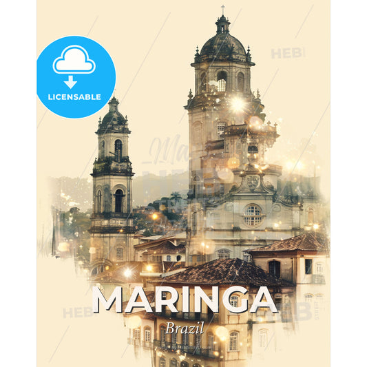 Maringa: Double Exposure Skyline Composite Art Poster - A group of buildings with a tower - Square format print template