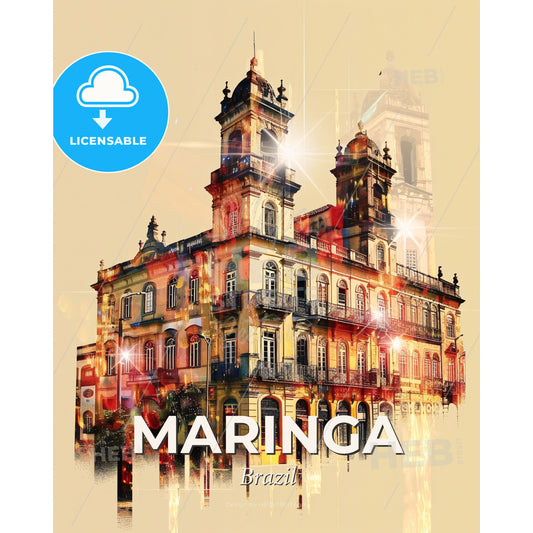 Maringa: City Icon Art Skyline Poster - A building with a tower and a crowd of people - Square format print template