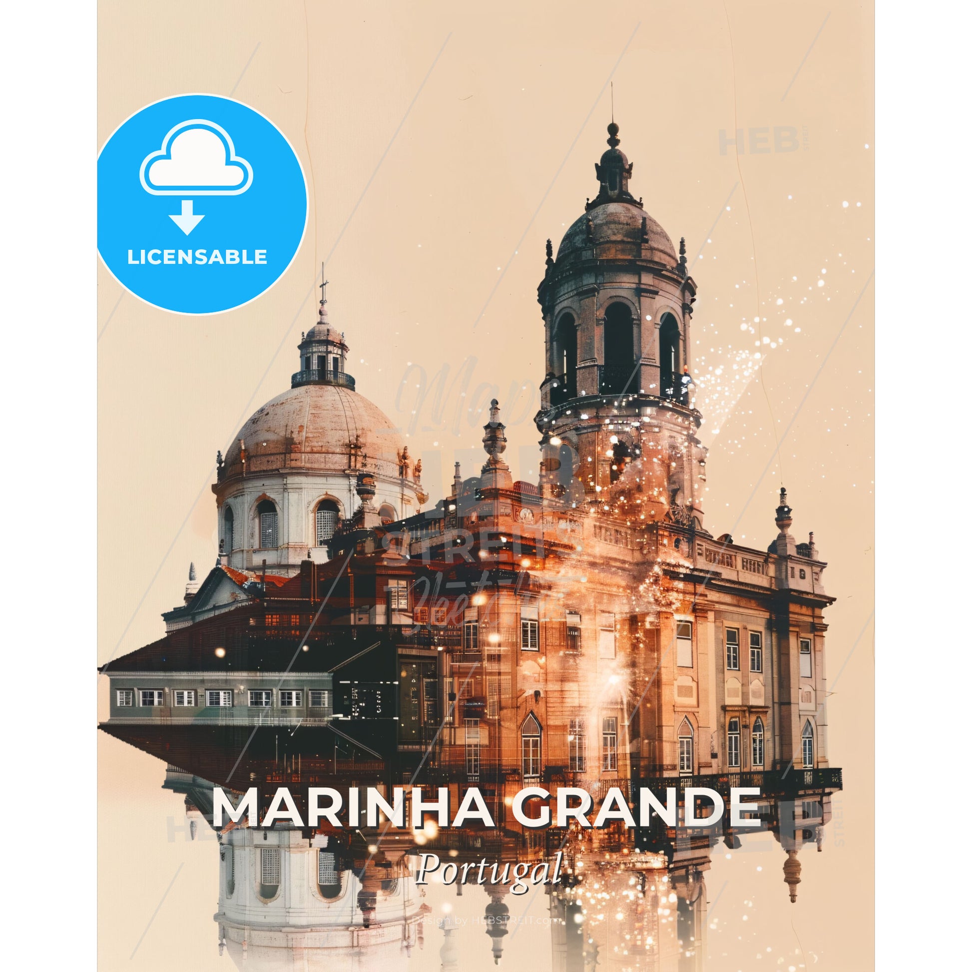 Marinha Grande Skyline Double Exposure Poster - A building with a reflection of a building - Square format print template