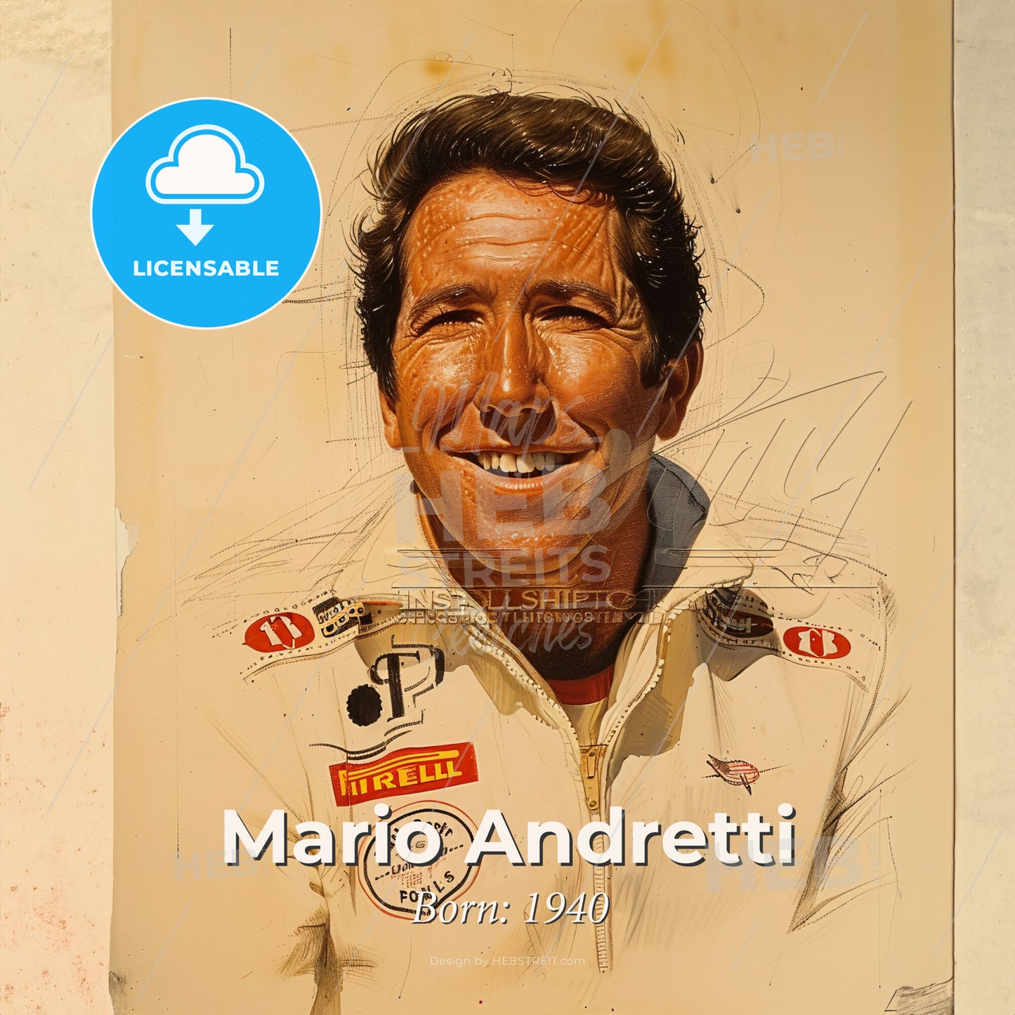 Mario Andretti, Born: 1940, American racing driver - A Man Smiling At The Camera Print Template