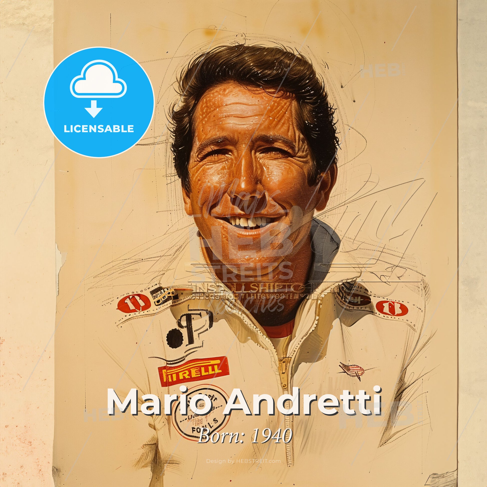 Mario Andretti, Born: 1940, American racing driver - A Man Smiling At The Camera Print Template