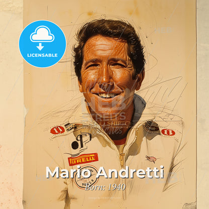 Mario Andretti, Born: 1940, American racing driver - A Man Smiling At The Camera Print Template