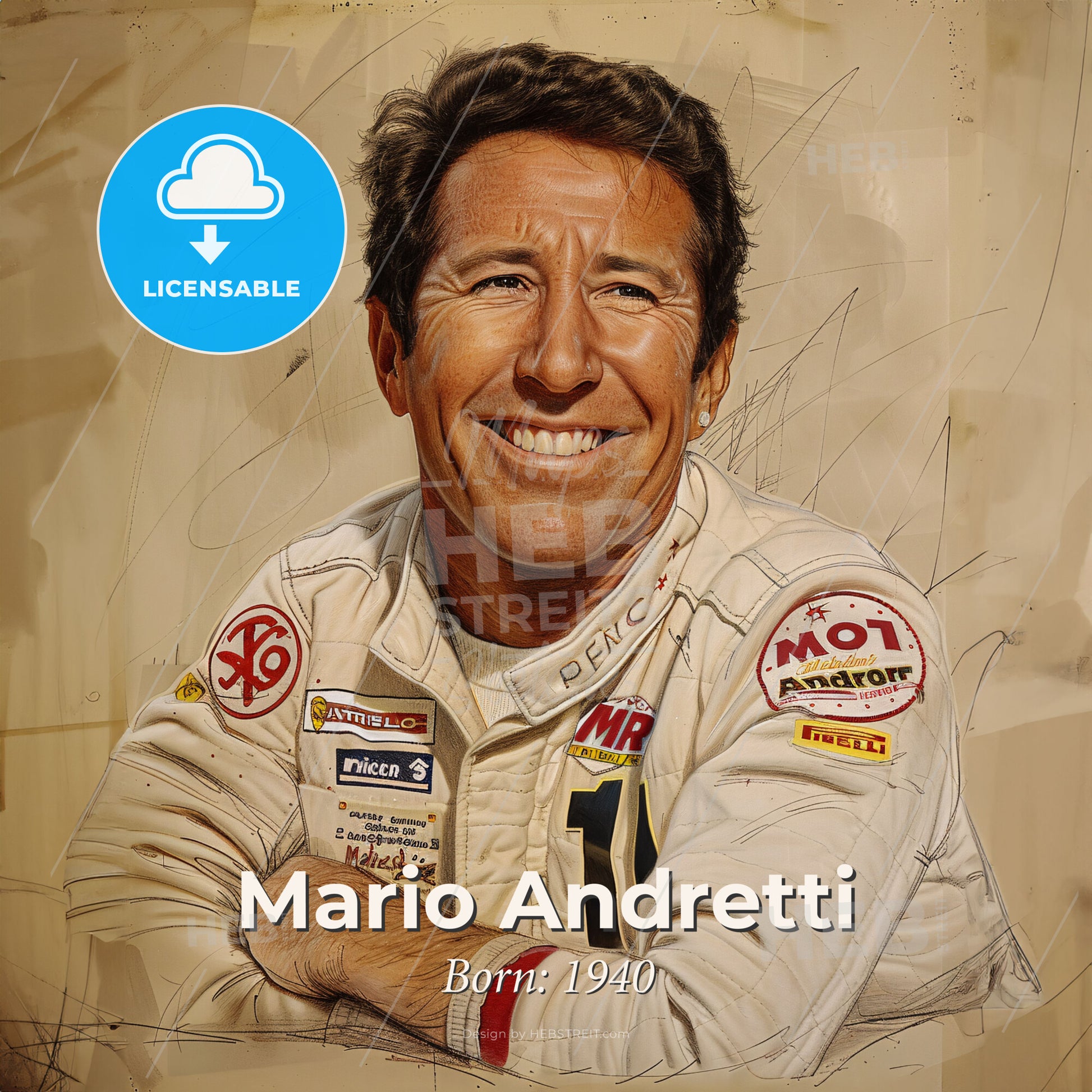 Mario Andretti, Born: 1940, American racing driver - A Man In A Race Car Print Template