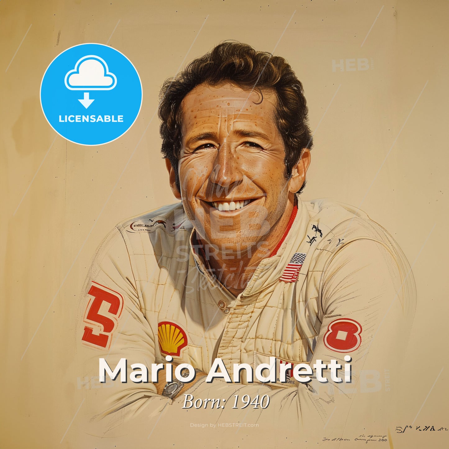 Mario Andretti, Born: 1940, American racing driver - A Man Smiling With Arms Crossed Print Template