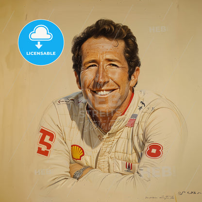Mario Andretti, Born: 1940, American racing driver - A Man Smiling With Arms Crossed