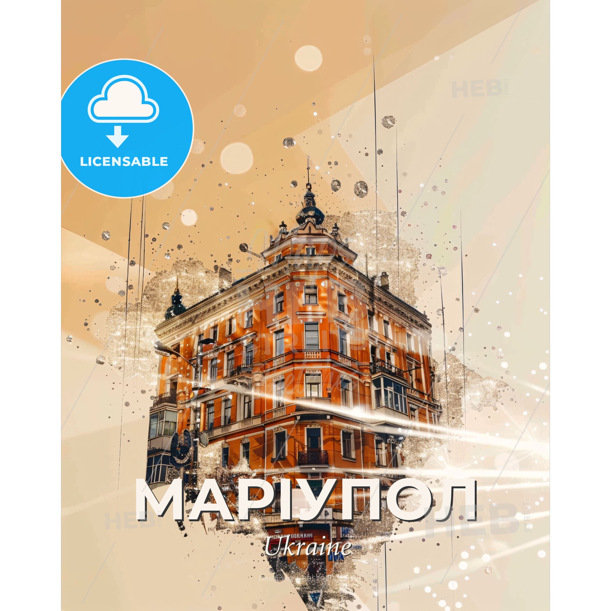 Mariupol, Ukraine: City Skyline Art Deco - A building with a light burst - Square format print template