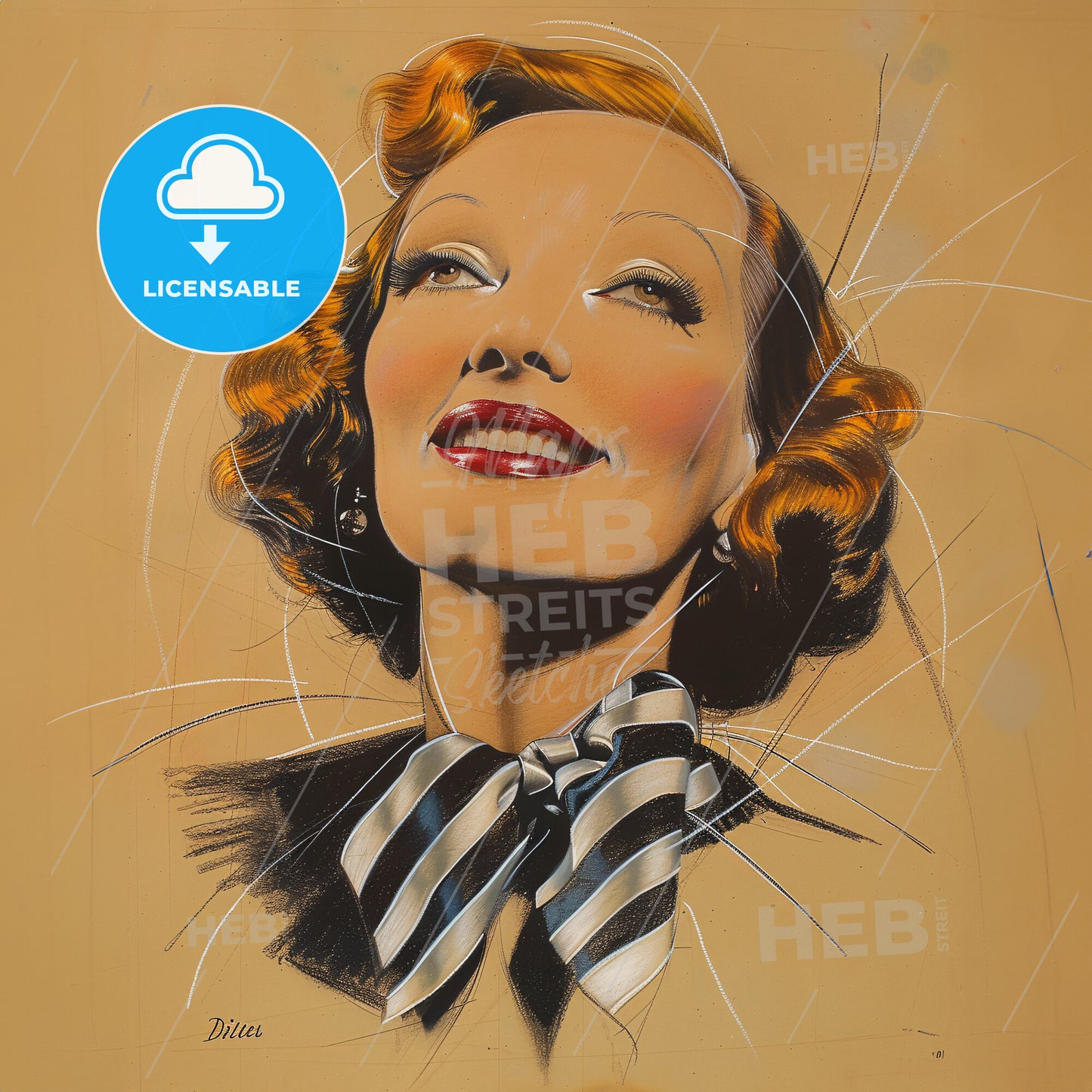 Marlene Dietrich, 1901 - 1992, German-American actress - A Woman With Red Hair And A Striped Bow Tie