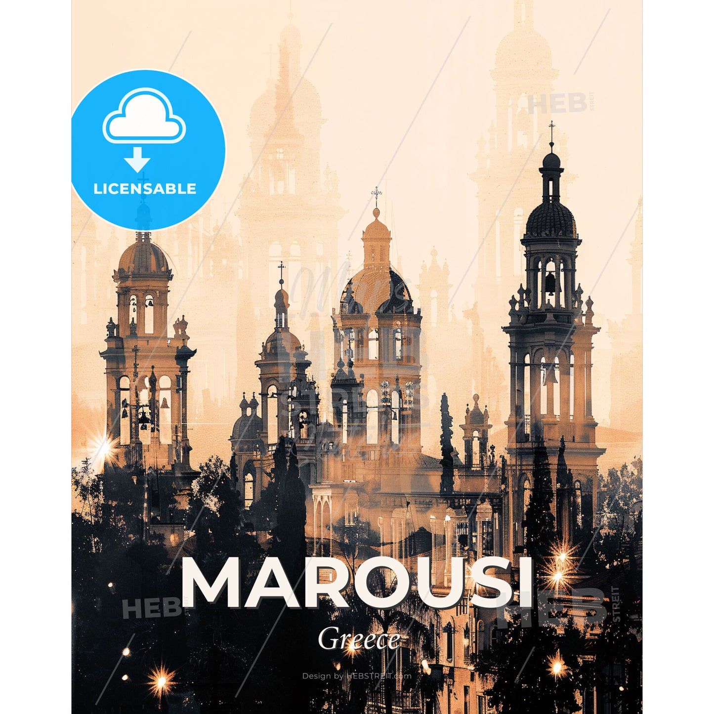 Marousi City Skyline Double Exposure Poster - A large building with towers and crosses - Square format print template