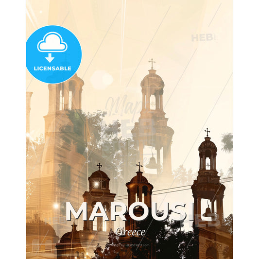 Marousi Greece Skyline Cityscape Double Exposure Silhouette - A group of towers with crosses and trees - Square format print template