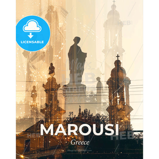 Marousi Skyline Double Exposure Poster Art - A double exposure of a statue - Square format print template