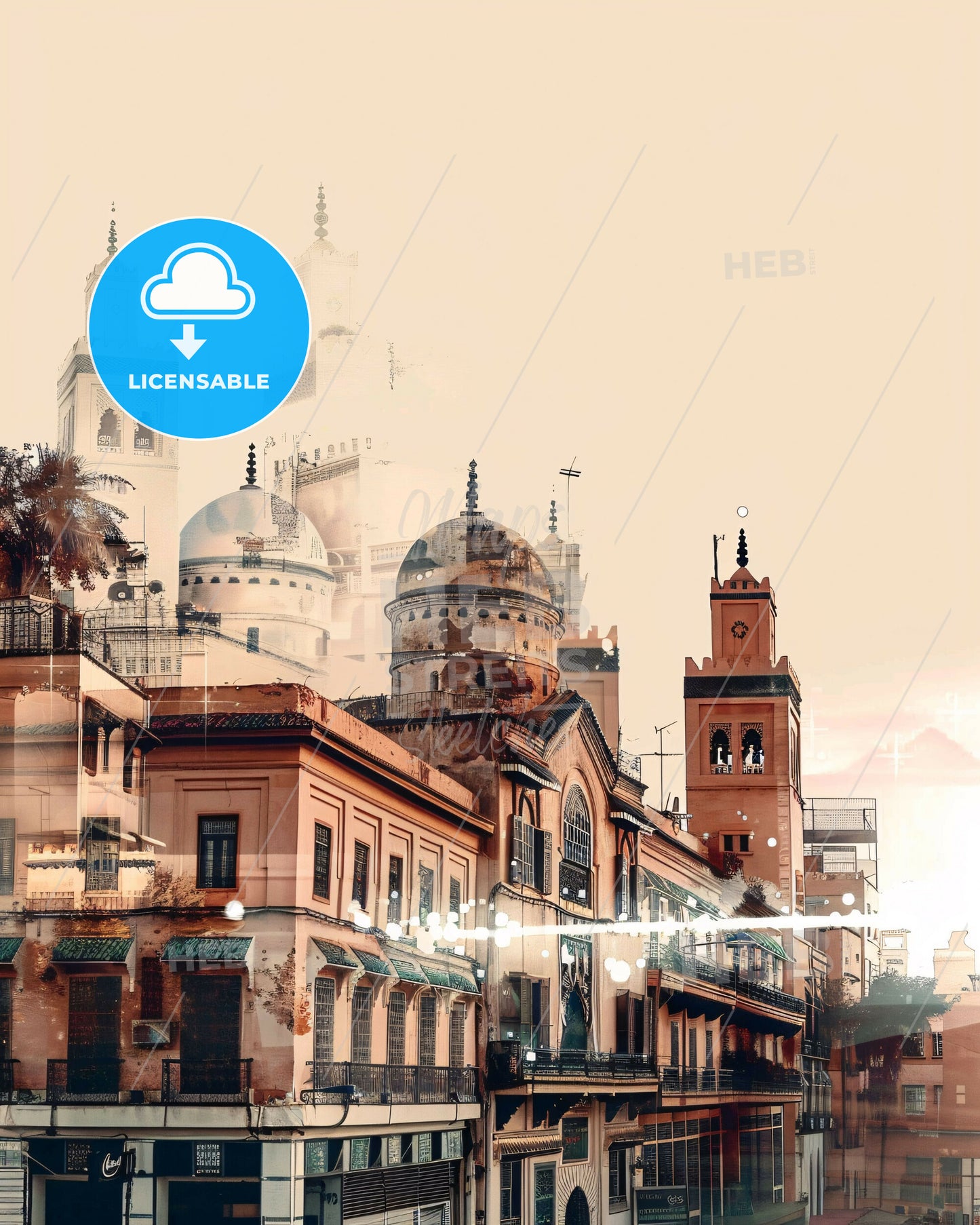 Marrakesh Skyline Cityscape Double Exposure Art Print - A building with towers and a tower