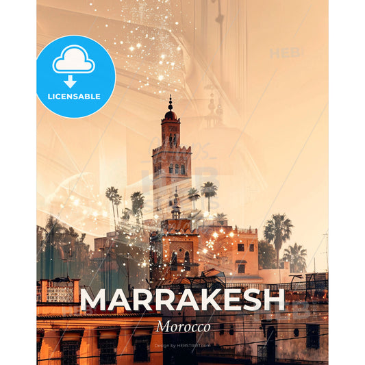 Marrakesh Skyline Double Exposure Sunset - A city with a tower and palm trees - Square format print template