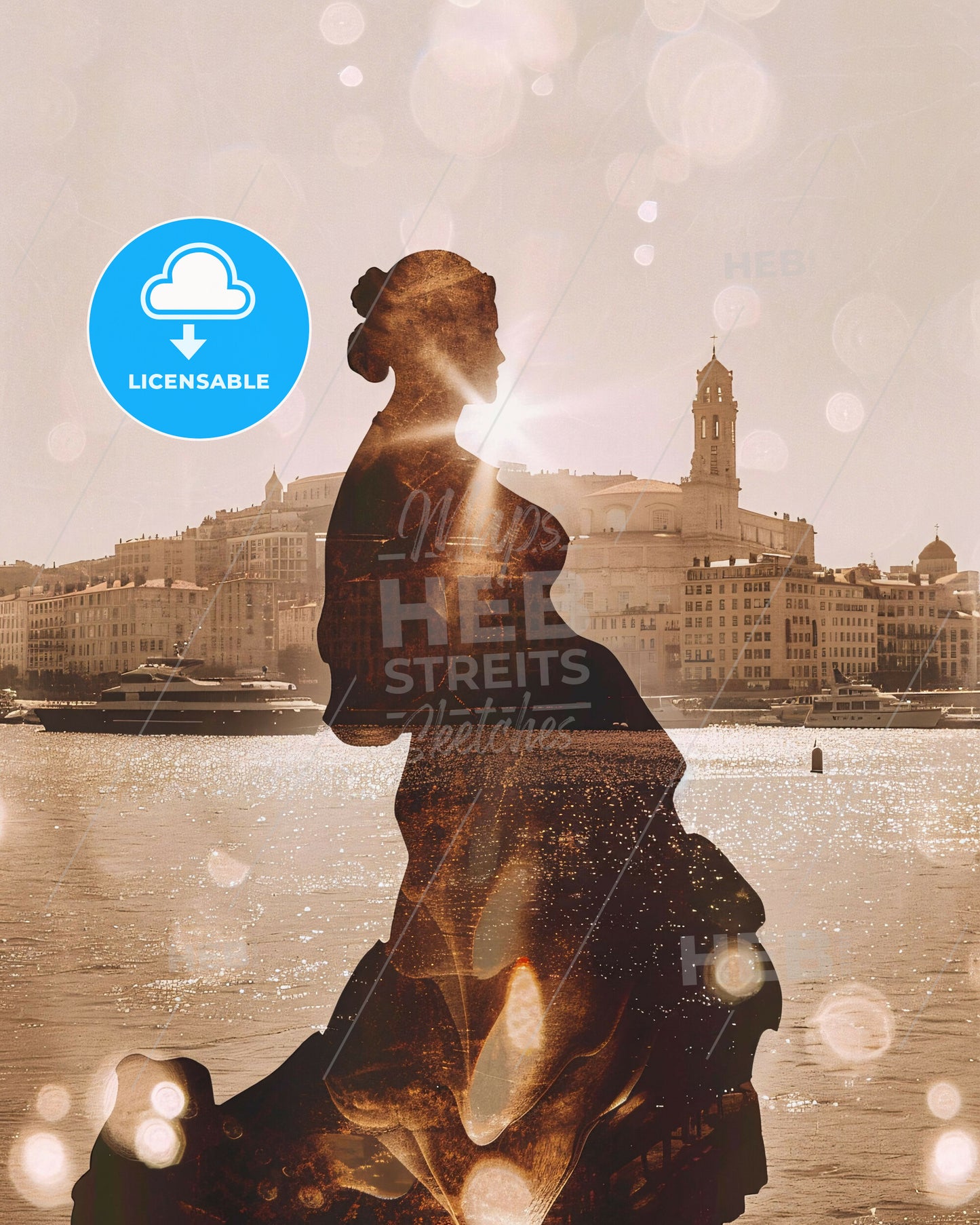 Marseille: Iconic Double Exposure Skyline Silhouette - A silhouette of a woman on a statue in front of a body of water