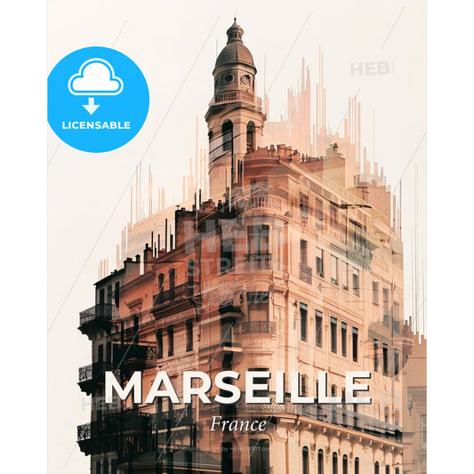 Marseille Iconic Cityscape Silhouette Art Print - A building with a tower - Square format print template