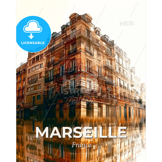 Marseille France Skyline Double Exposure Poster Design - A building with a reflection of the water - Square format print template