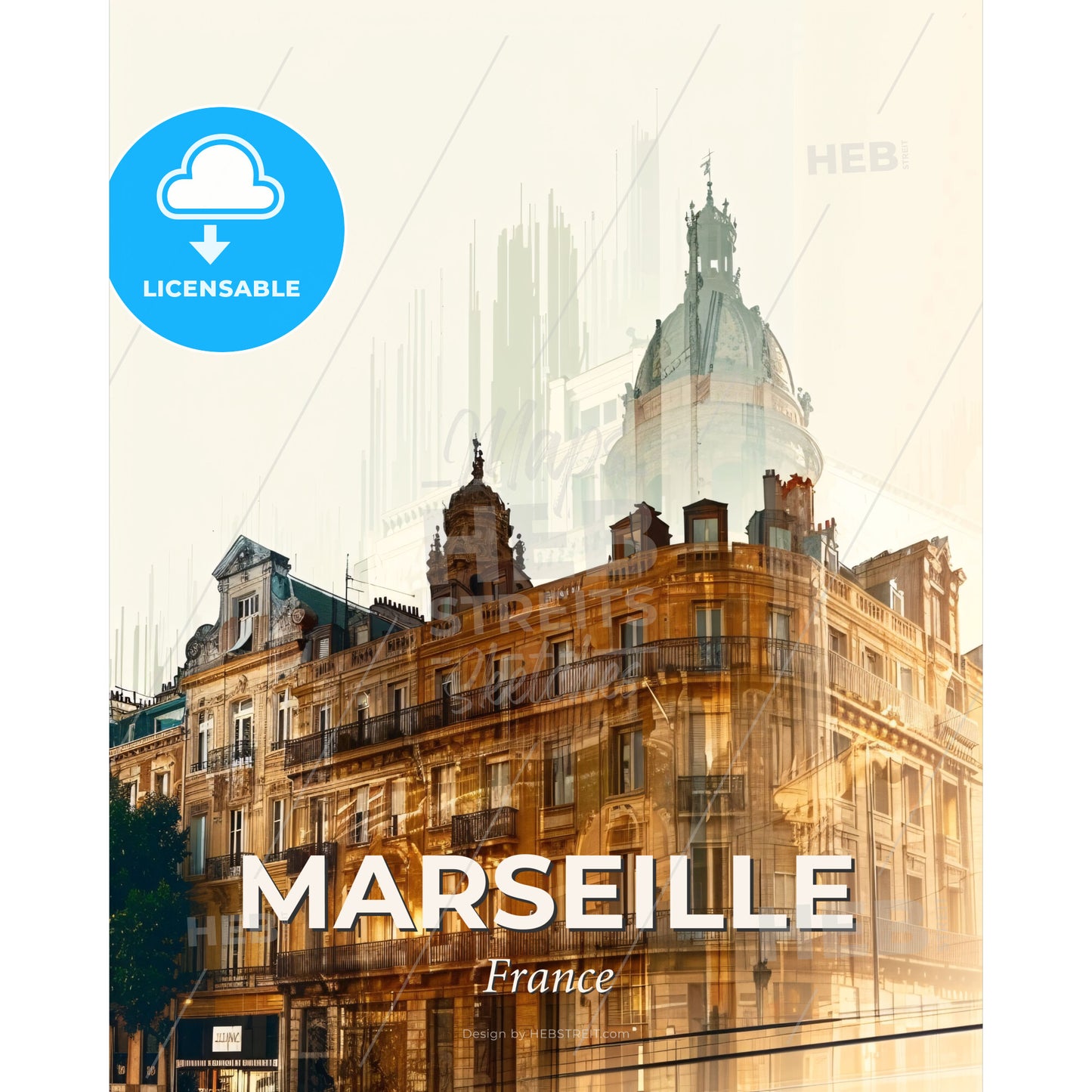 Marseille Skyline Silhouette Cityscape Poster - A building with a tower - Square format print template