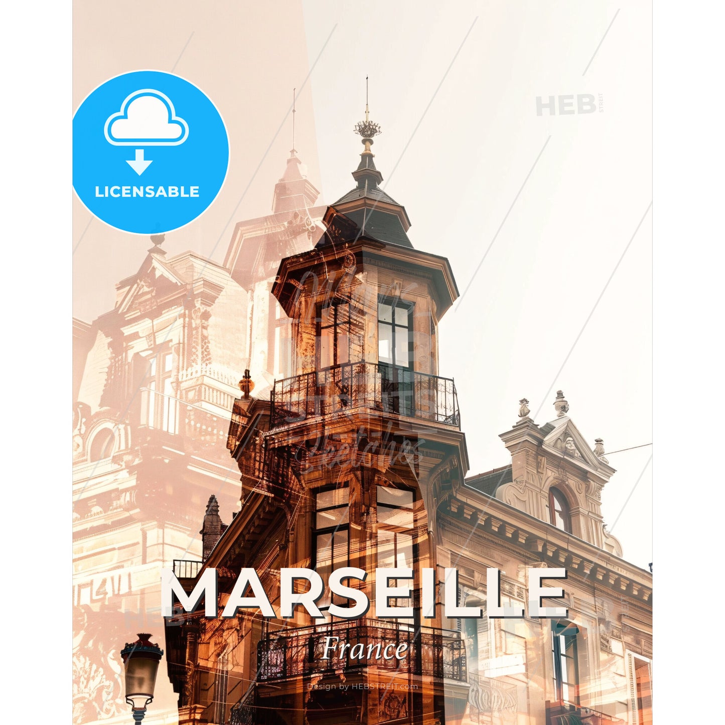 Marseille Skyline Iconic Silhouette Poster Art - A double exposure of a building - Square format print template