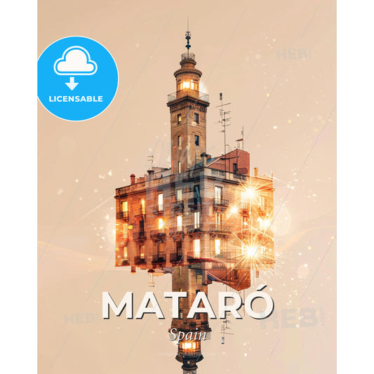 Mataró Cityscape Art: Vibrant Skyline Fusion - A building with a tower and lights - Square format print template