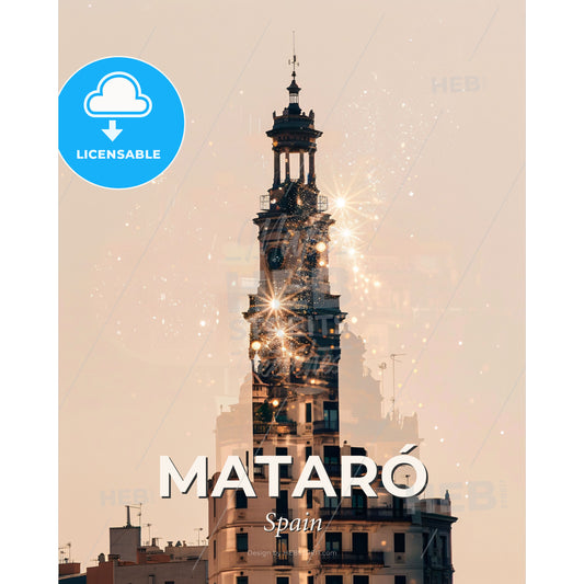 Mataró Skyline Iconic Composite Art Poster - A building with a tower and fireworks - Square format print template