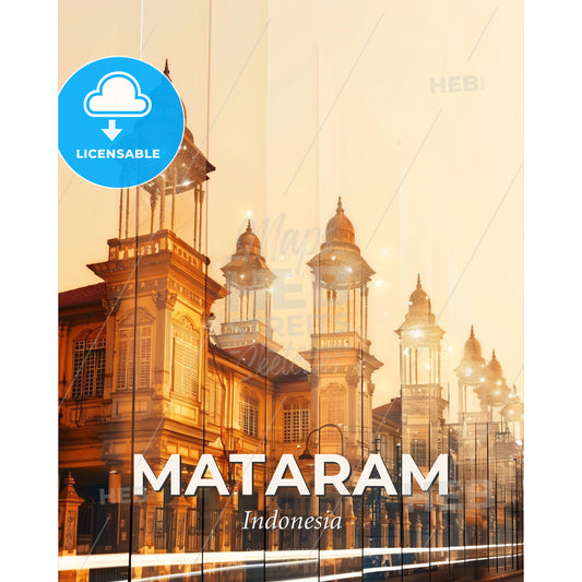 Mataram Skyline Artwork with Local Architecture - A building with towers and lights - Square format print template