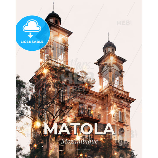 Matola Skyline Composite Art Vivid Backlights - A building with a tower and a tree - Square format print template
