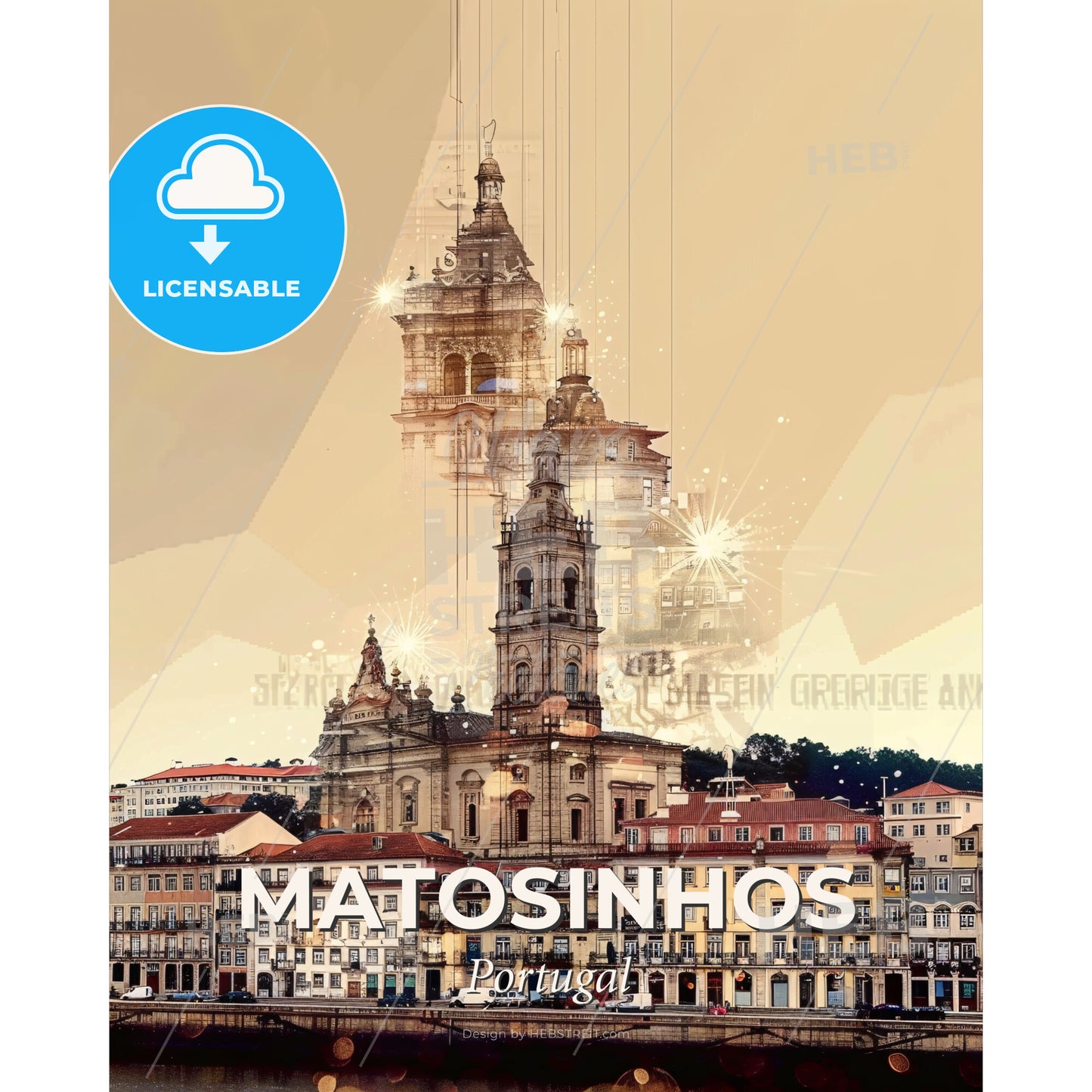 Matosinhos: Skyline Symphony in Beige - A city with a tower and buildings - Square format print template