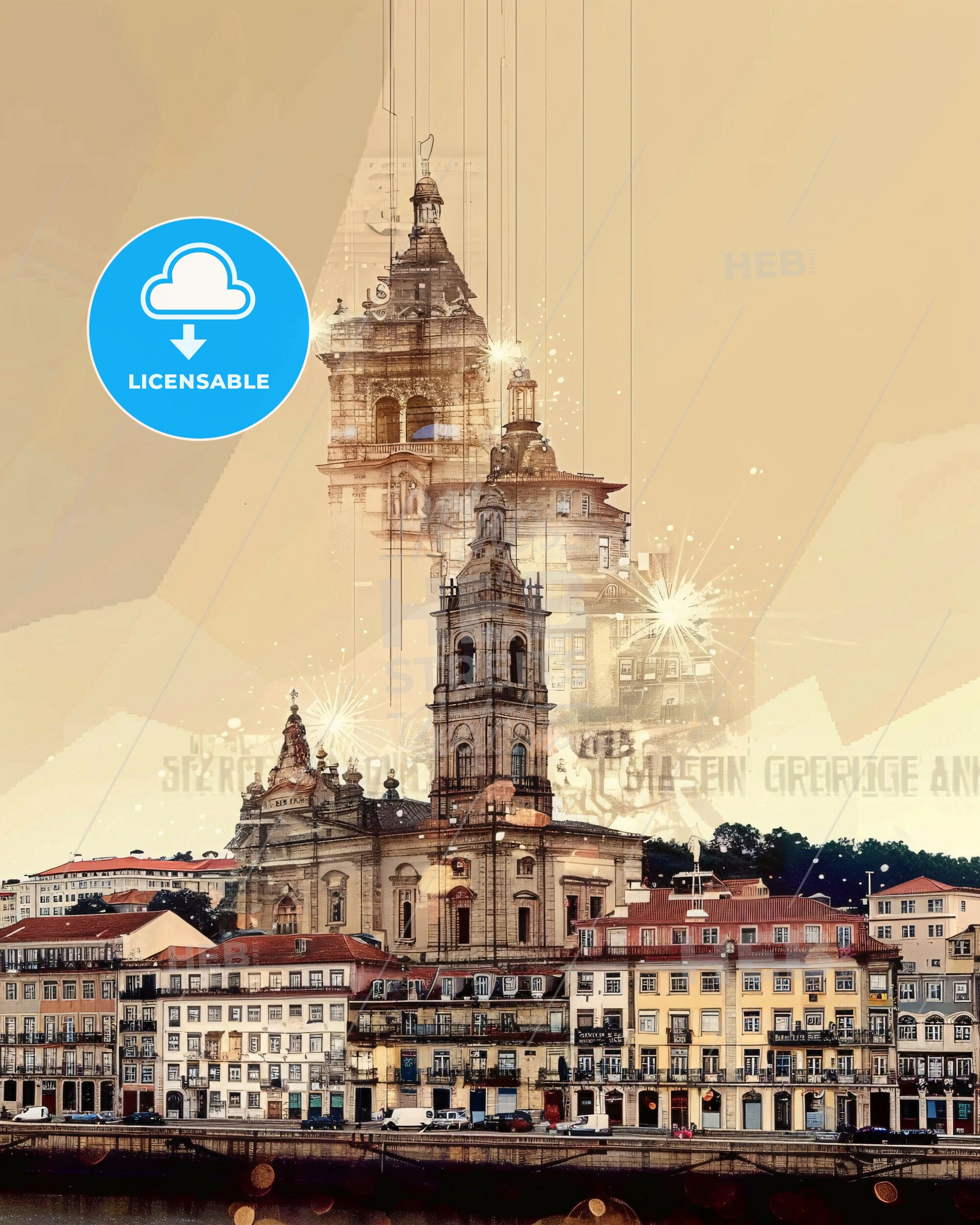 Matosinhos: Skyline Symphony in Beige - A city with a tower and buildings