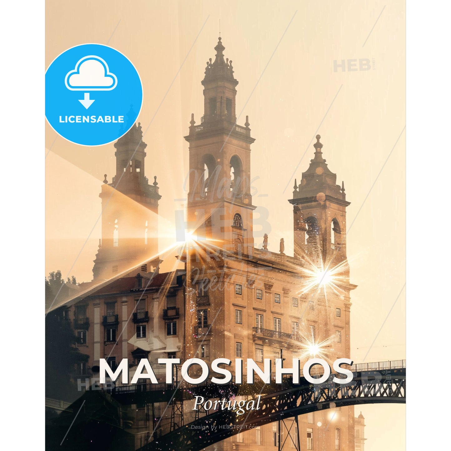 Matosinhos City Skyline Art: Double Exposure Beige Sparkles - A building with a bridge and a bridge - Square format print template
