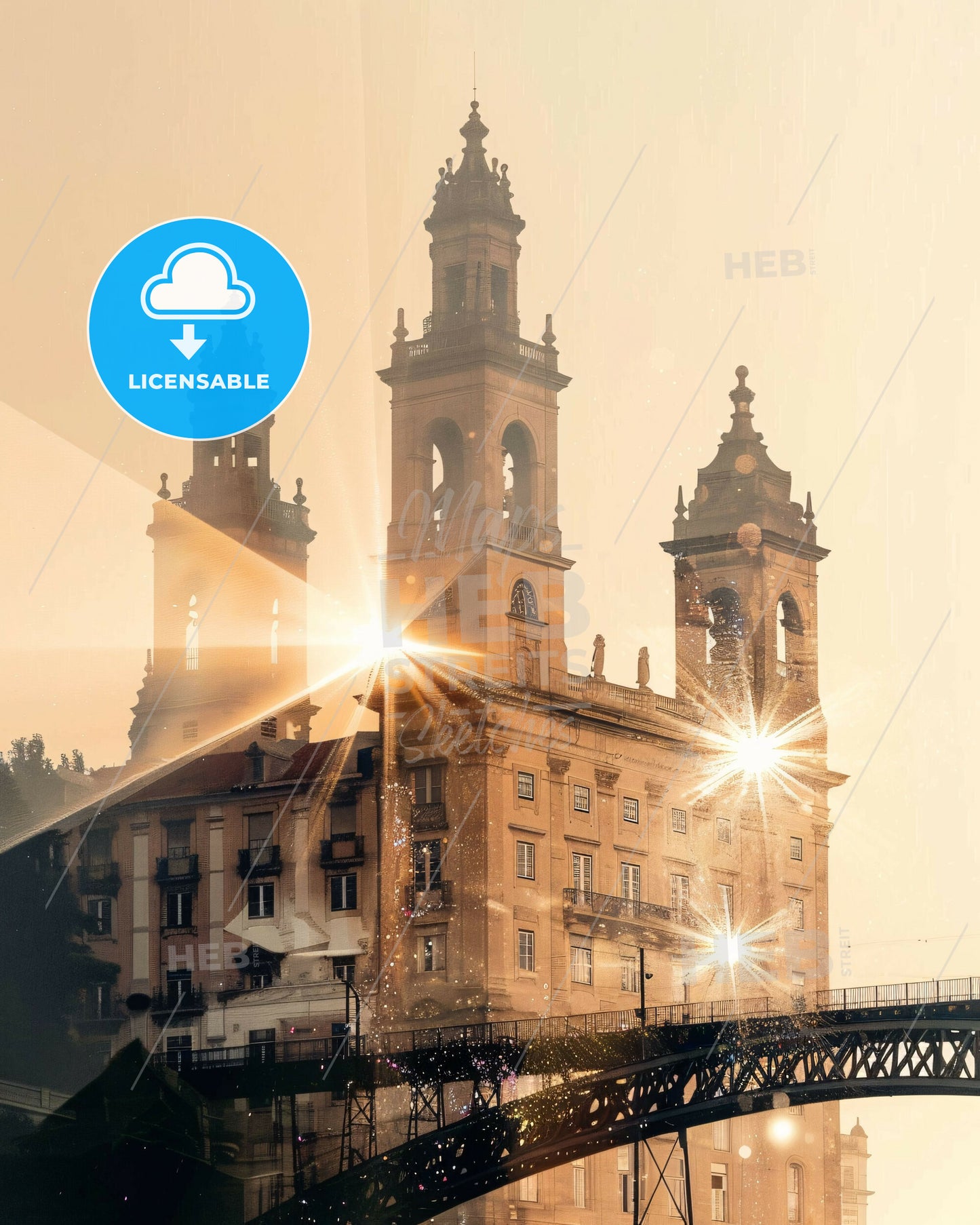 Matosinhos City Skyline Art: Double Exposure Beige Sparkles - A building with a bridge and a bridge