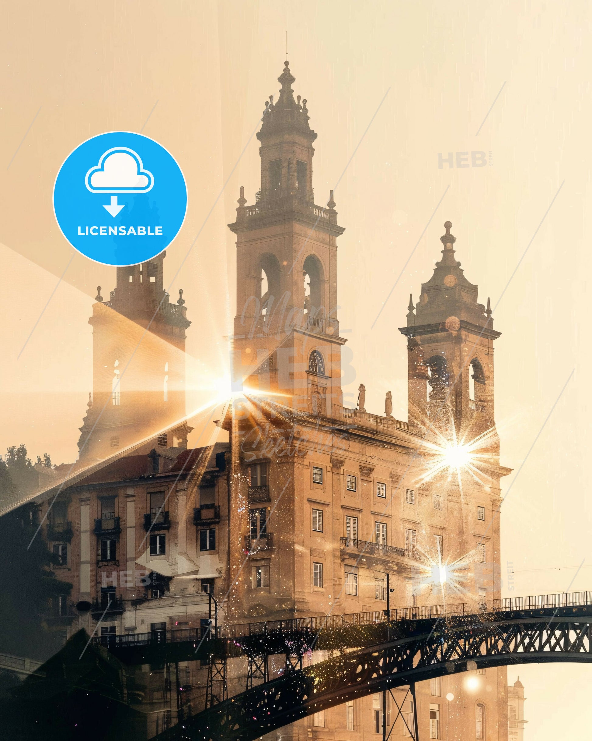 Matosinhos City Skyline Art: Double Exposure Beige Sparkles - A building with a bridge and a bridge