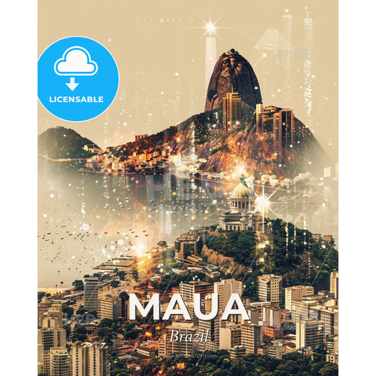Maua, Brazil: City Skyline Icons in Double Exposure Art - A city on a hill with a mountain in the background - Square format print template