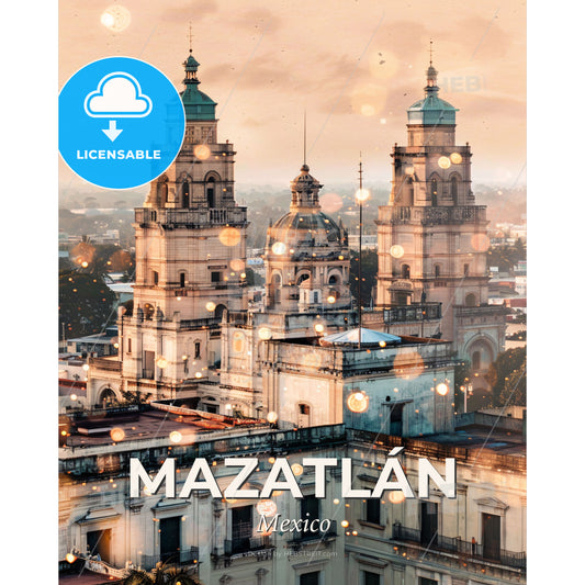 Mazatlan City Skyline Silhouette Art Vibrant - A large building with towers and trees in the background - Square format print template