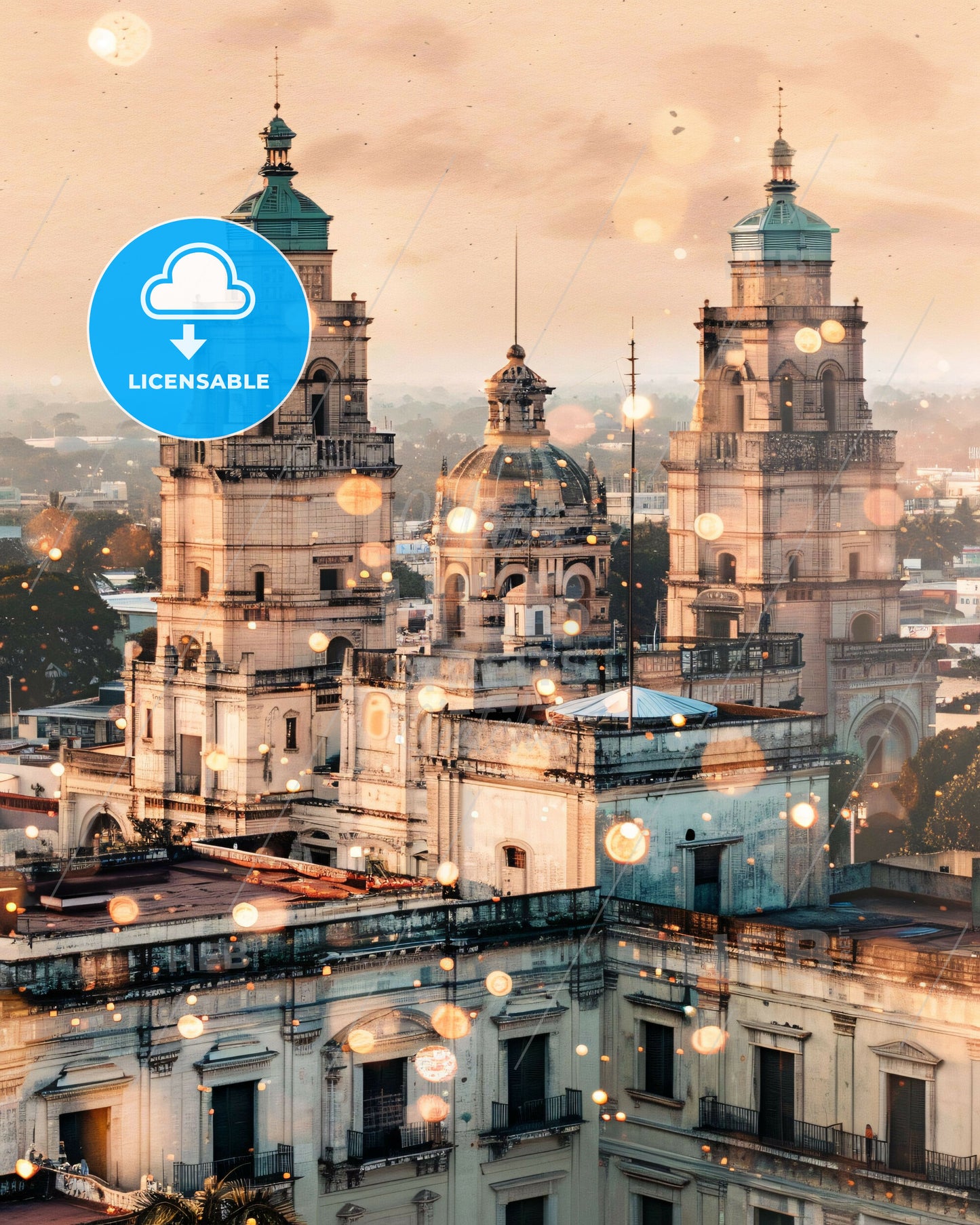 Mazatlan City Skyline Silhouette Art Vibrant - A large building with towers and trees in the background