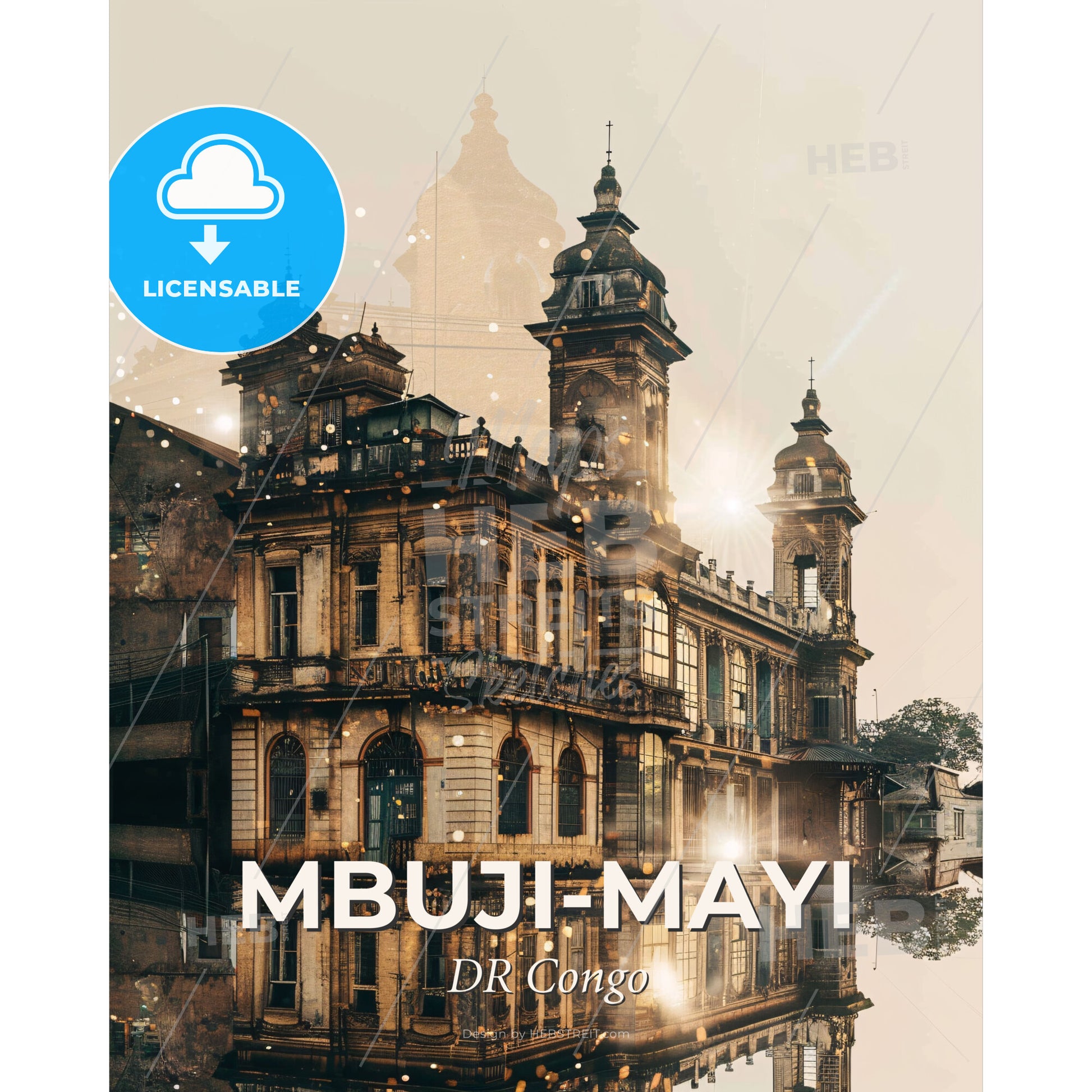 Mbuji-Mayi Skyline Beauty with Local Color - A building with a reflection of the sun - Square format print template