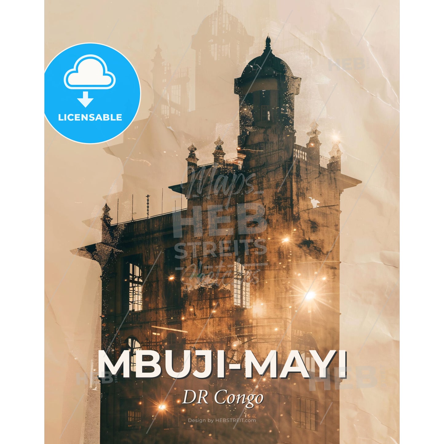 Mbuji-Mayi Congo Skyline Composite Art - A building with a tower and a light on it - Square format print template