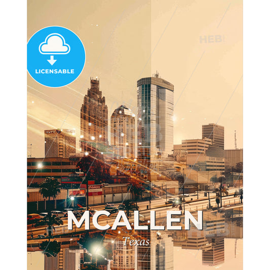 McAllen Texas Skyline Art: Double Exposure Composite - A city with many buildings and lights - Square format print template