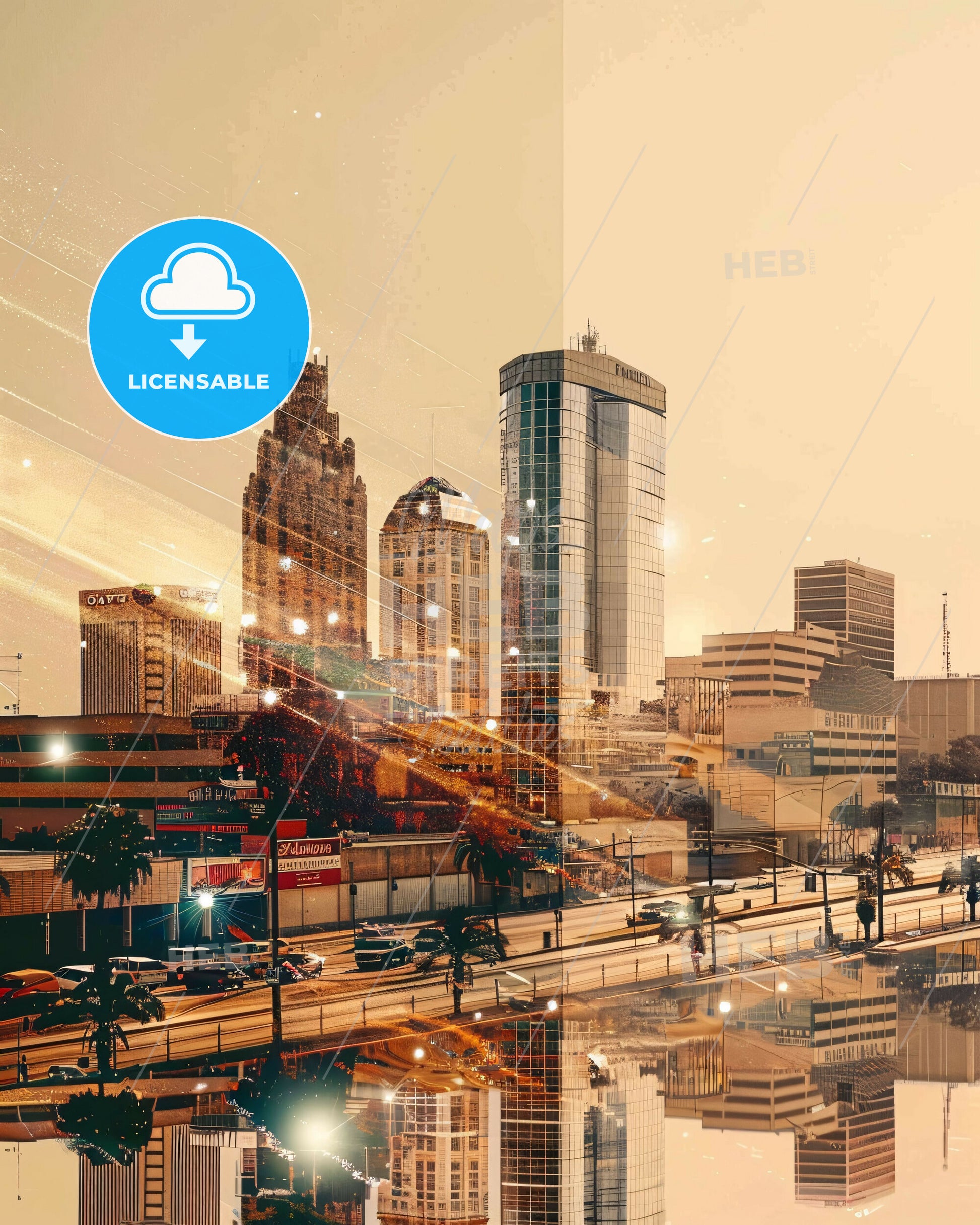 McAllen Texas Skyline Art: Double Exposure Composite - A city with many buildings and lights