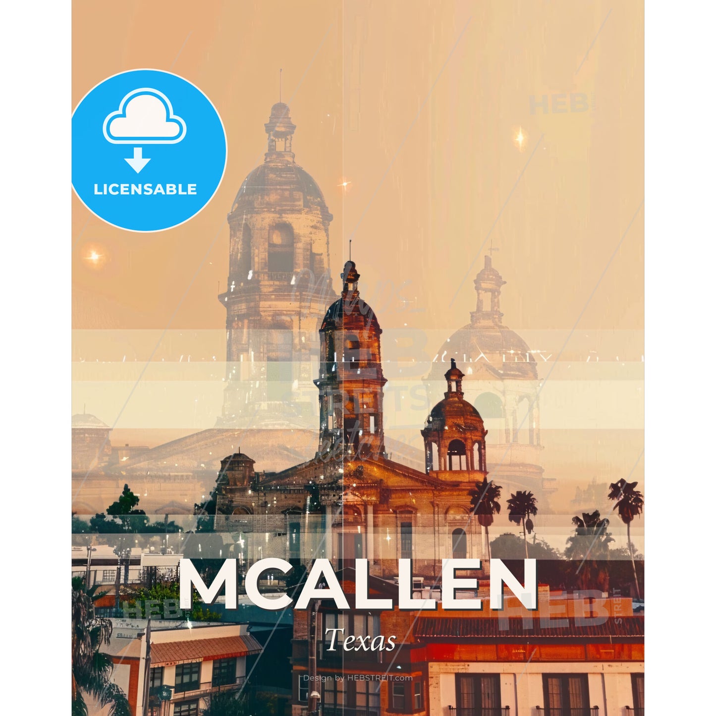 McAllen Skyline Art: Iconic City Lightscape - A building with towers and trees - Square format print template