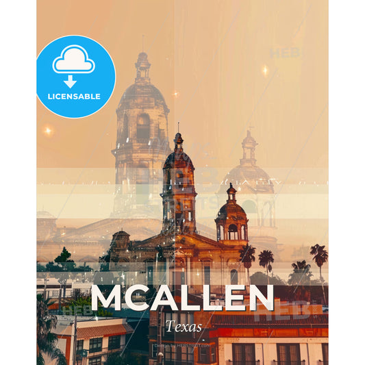 McAllen Skyline Art: Iconic City Lightscape - A building with towers and trees - Square format print template