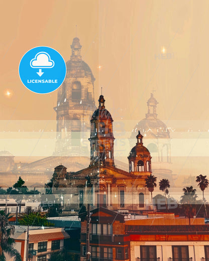 McAllen Skyline Art: Iconic City Lightscape - A building with towers and trees