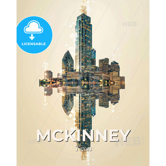 McKinney Texas: Double Exposure Art Skyline - A reflection of a city in water - Square format print template